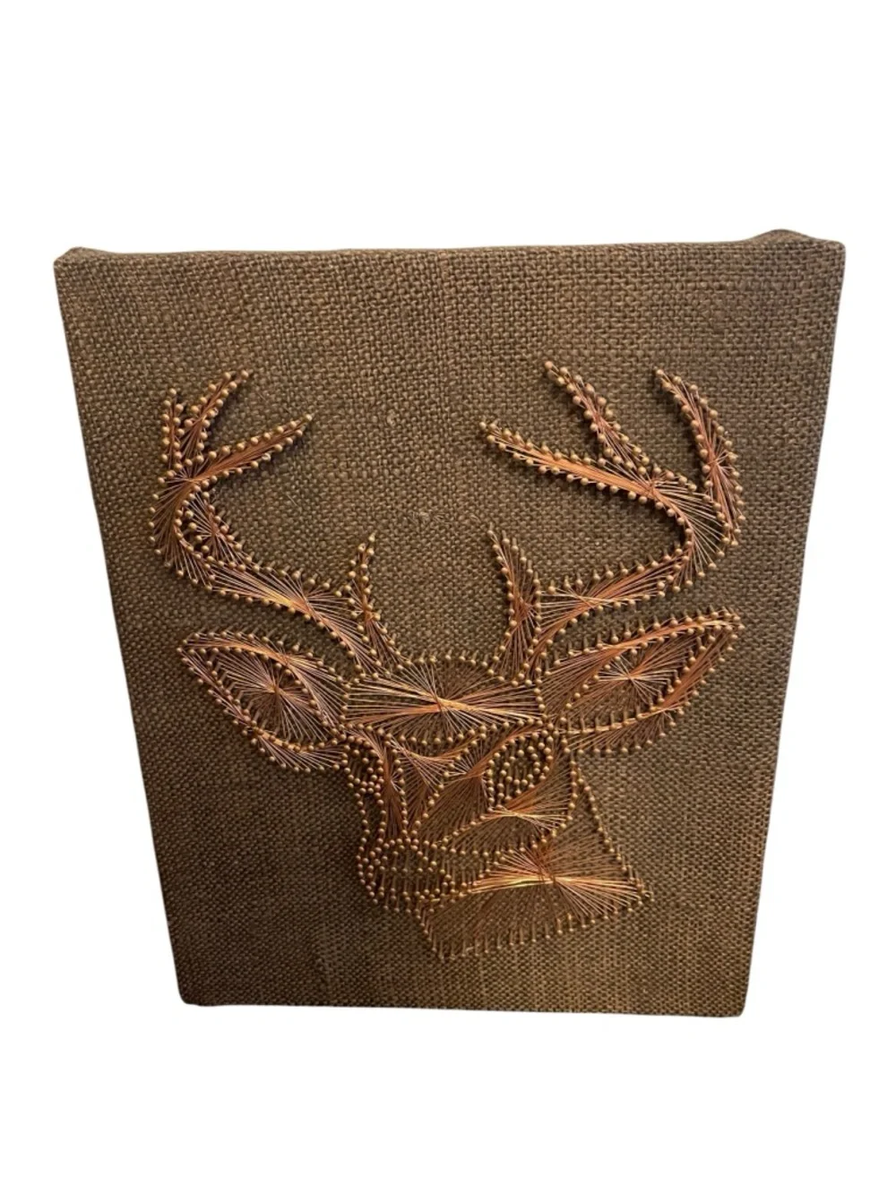 Vintage Copper Wire String Art Deer Head Antlers on Burlap Canvas Wall Decor
